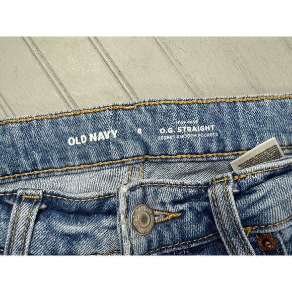 Old Navy Size 8 Womens Jeans OG Straight High Rise Stretch Distress Raw Hem - Picture 2 of 4